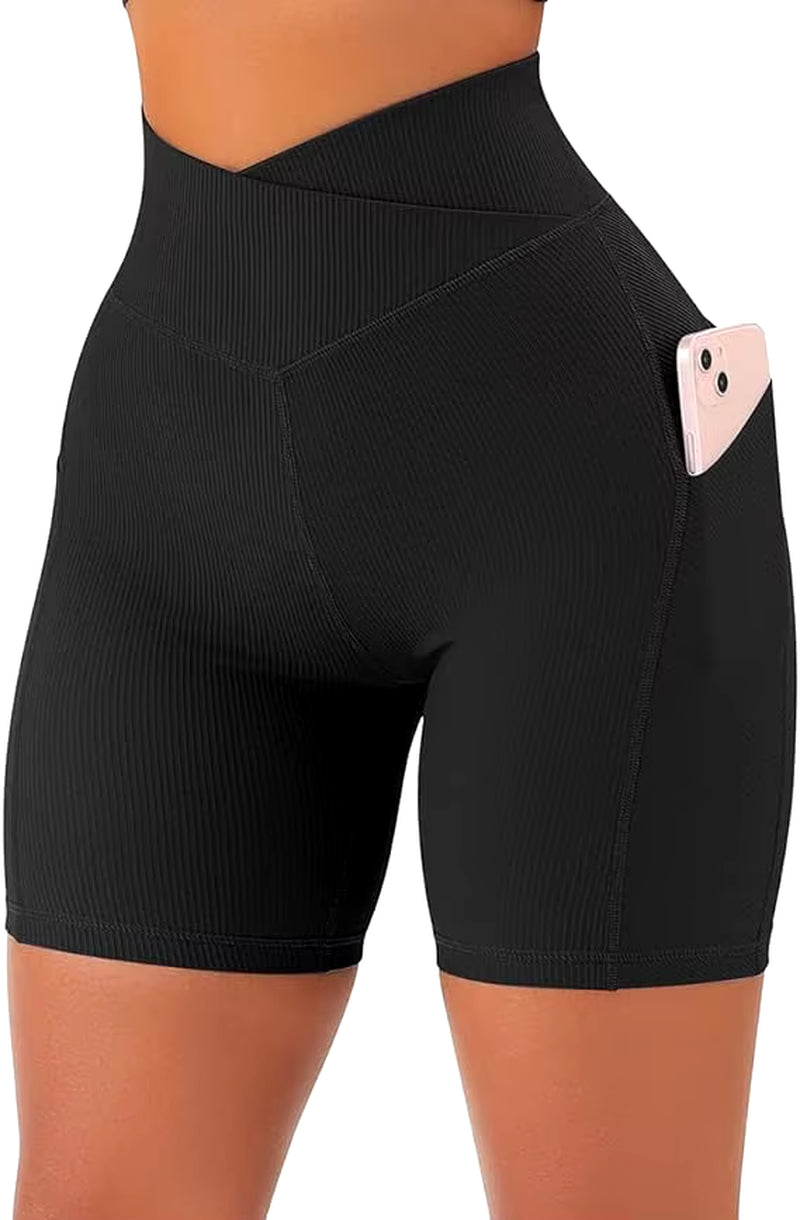 Sports Short Women Cross Workout Yoga Shorts with Pockets 5" High Waist Booty Biker Short